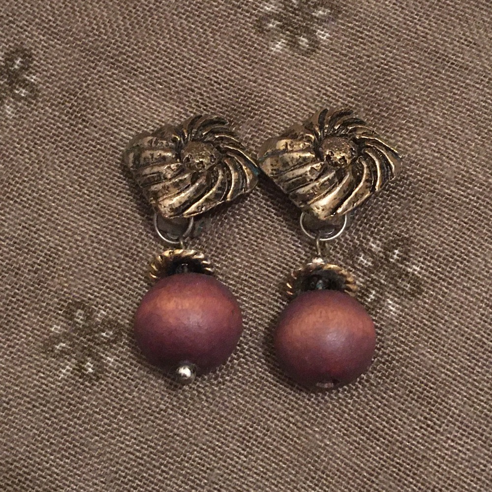 Vintage Bronze Tone and Brown Beaded Dangle Clip On Earrings